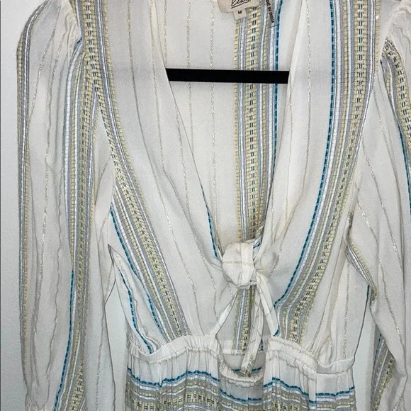 Elan White Striped Plunge V-Neck Tie-Front Puff Sleeve Dress Size Medium - Picture 4 of 5